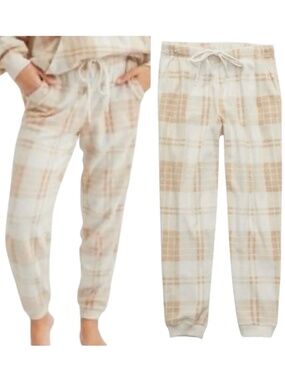 New Aerie Plaid Fleece Joggers Snowed In Sherpa Lounge Pants Beige Size Small